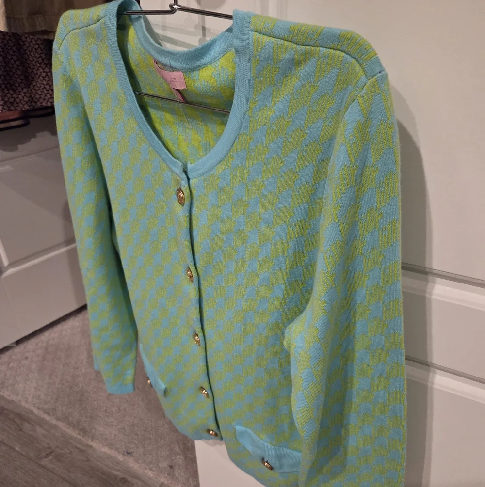 LILY PULITZER VINTAGE WOMEN'S GREEN AND BLUE HOUNDSTOOTH CARDIGAN SIZE MEDIUM